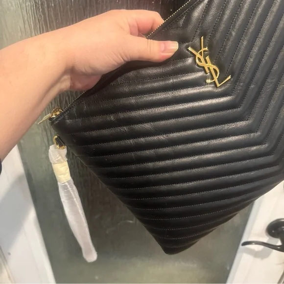 Yves Saint Laurent Black Sizable Clutch with detachable wristlet with gold YSL. - Picture 5 of 16